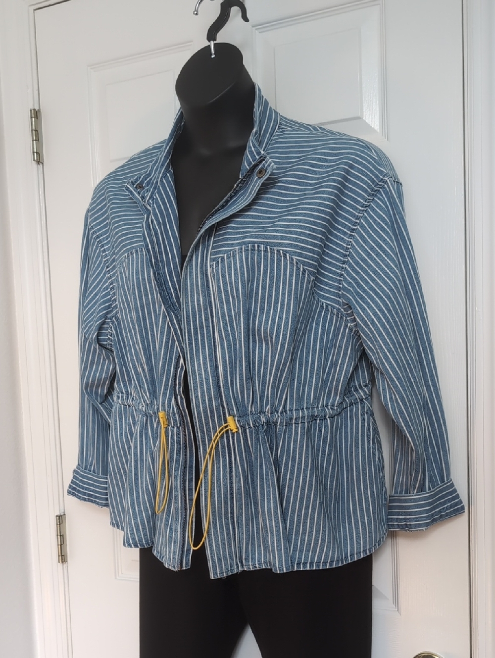 Striped Blue Utility Drawstring Jacket for Women